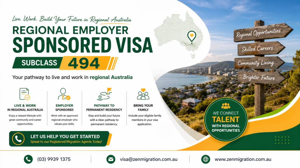 Complete breakdown of Subclass 494 regional employer sponsored visa requirements, benefits, and PR pathway in regional Australia by Zen Migration.